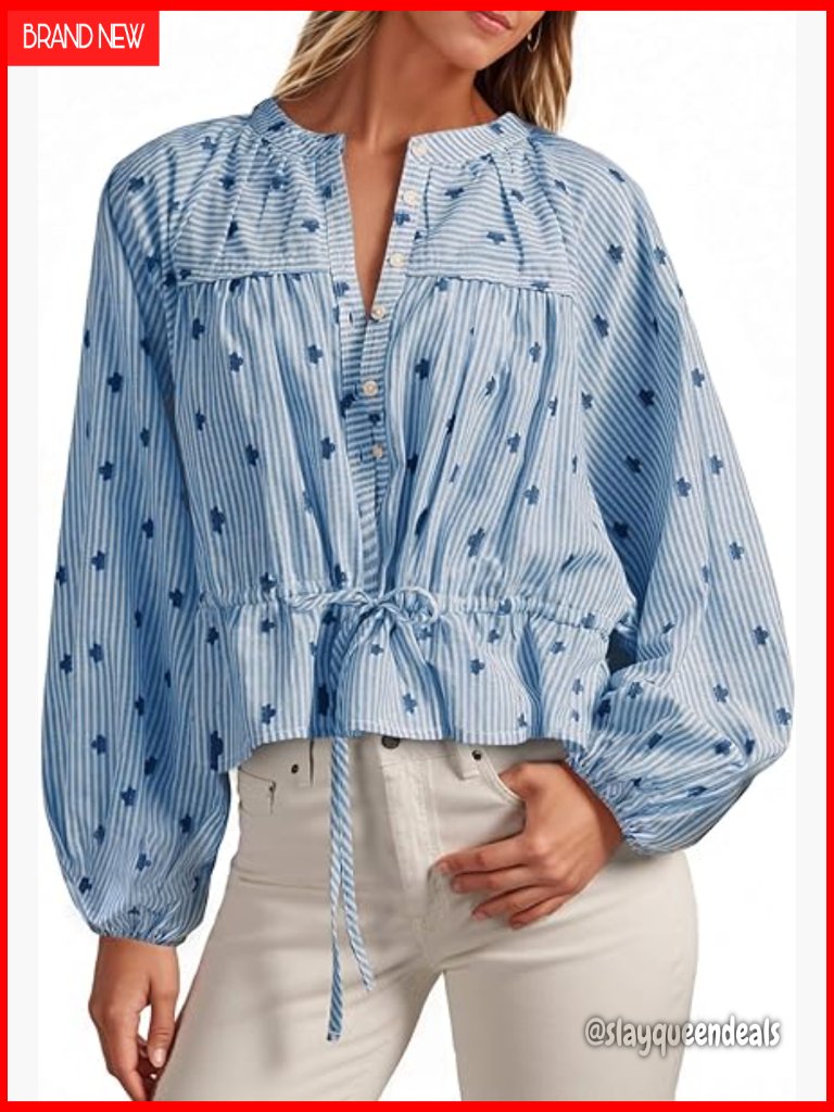 Cropped Button Down Shirt With Puff Sleeves And Drawstring Waist